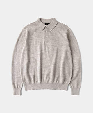 Slub Cotton Long Sleeve Knit Polo - Oatmeal