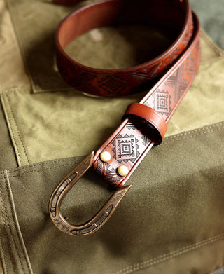 Navajo Tooled Stirrup Buckle Leather Belt - Brown