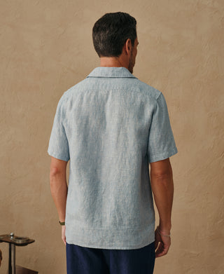 lifestyle shot of Yarn-dyed Linen Camp-Collar Shirt - Washed Blue