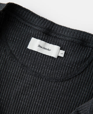 Honeycomb Waffle Knit Henley Long Sleeve T-Shirt - Vintage Black