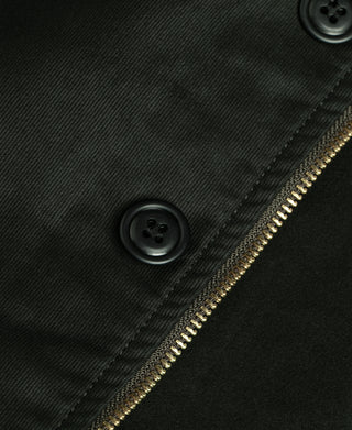 Black olive deck jacket fabric close-up with black buttons and stitched seams