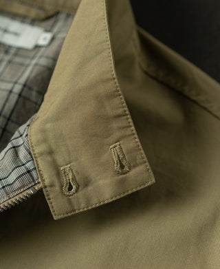 Khaki harrington jacket sleeve cuff with button placket and plaid inner lining