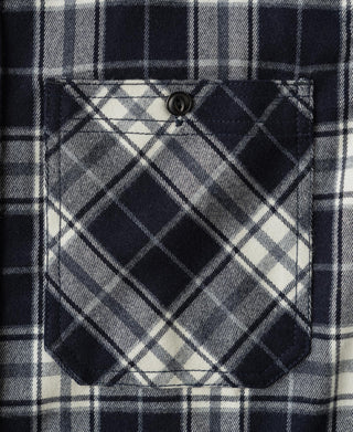 Blue check work shirt chest pocket close-up with stitched flap and button