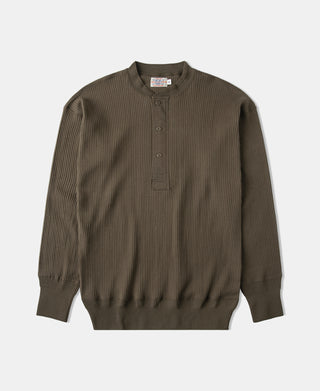 Ribbed Long Sleeve Henley T-Shirt - Olive Brown