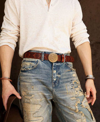 Navajo Tooled Plate Buckle Leather Belt - Brown