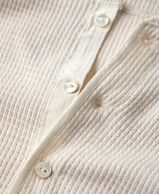 Honeycomb Waffle Knit Henley Long Sleeve T-Shirt - Oatmeal