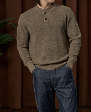 Textured Melange Knit Henley Shirt - Taupe
