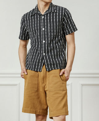 Camp-Collar Jacquard Stripe Short Sleeve Shirt - Black/White