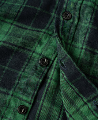 Green plaid shirt placket detail with three dark buttons