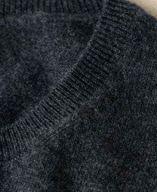 Heather gray merino wool sweater knit texture near shoulder and chest