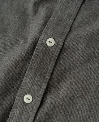 Close-up of dark gray shirt button placket with white buttons