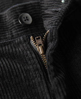 Black corduroy waistband close-up with button and metal zipper