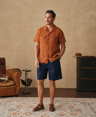 lifestyle shot of Yarn-dyed Linen Camp-Collar Shirt - Red