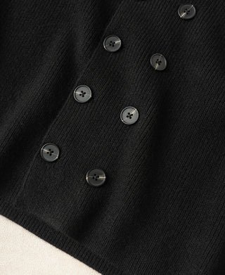 Black double-breasted knit cardigan with round button closure