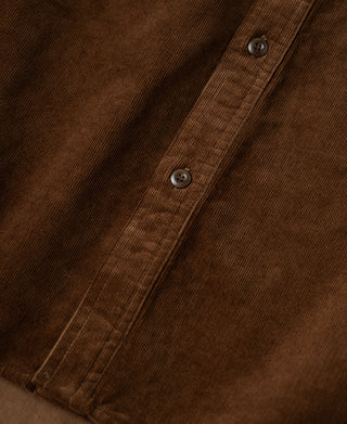 Brown corduroy shirt front with two-button placket and short collar