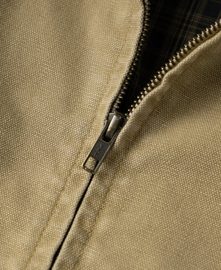Cossack jacket zip-front close-up with silver metal zipper teeth on washed khaki canvas