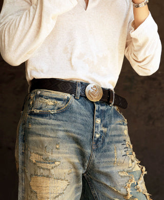 Navajo Tooled Plate Buckle Leather Belt - Black