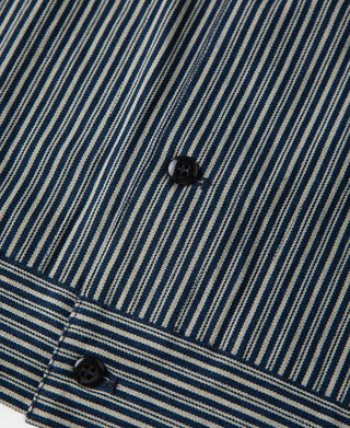 Striped cossack jacket front placket with two buttons, blue-and-white pinstripes