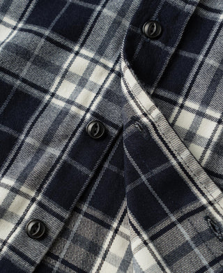 Blue check work shirt shoulder and front button placket close-up