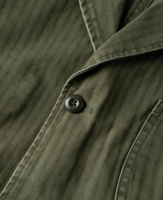 Olive blazer buttoned lapel detail with dark buttons and textured fabric weave