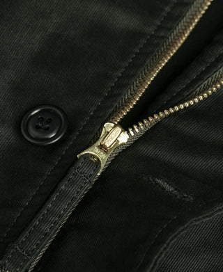 Black olive deck jacket close-up of gold zipper and buttoned placket