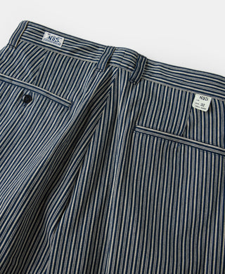 Striped work trousers, belt loops and side pocket, dark blue and white stripes, size label