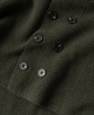 Olive knit cardigan front close-up showing multiple dark buttons