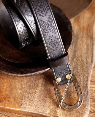 Navajo Tooled Stirrup Buckle Leather Belt - Black