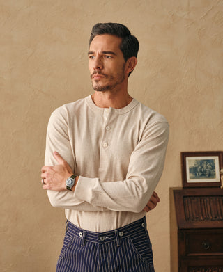 1930s 10.5 oz Cotton Loopwheel Tubular Henley Shirt - Oatmeal