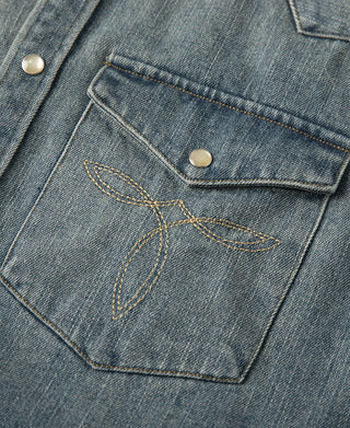 Denim western shirt flap pocket with contrast embroidery and button