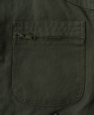 Olive jacket chest pocket with metal zip closure and stitched pocket opening
