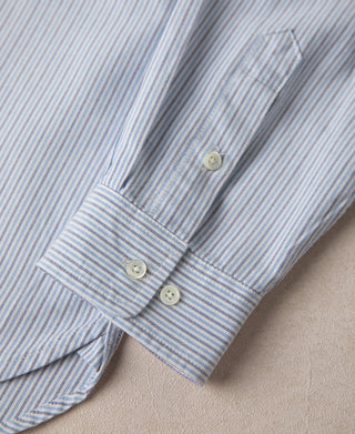 Cuffed sleeve with two buttons on blue stripe oxford shirt