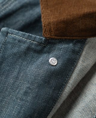 Sage blue denim front placket with a silver snap button