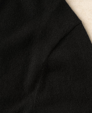 Close-up of black knitted fabric grain on a crewneck sweater