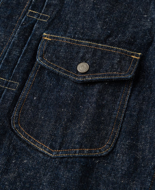 Indigo denim jacket chest pocket with metal snap and yellow edge topstitching