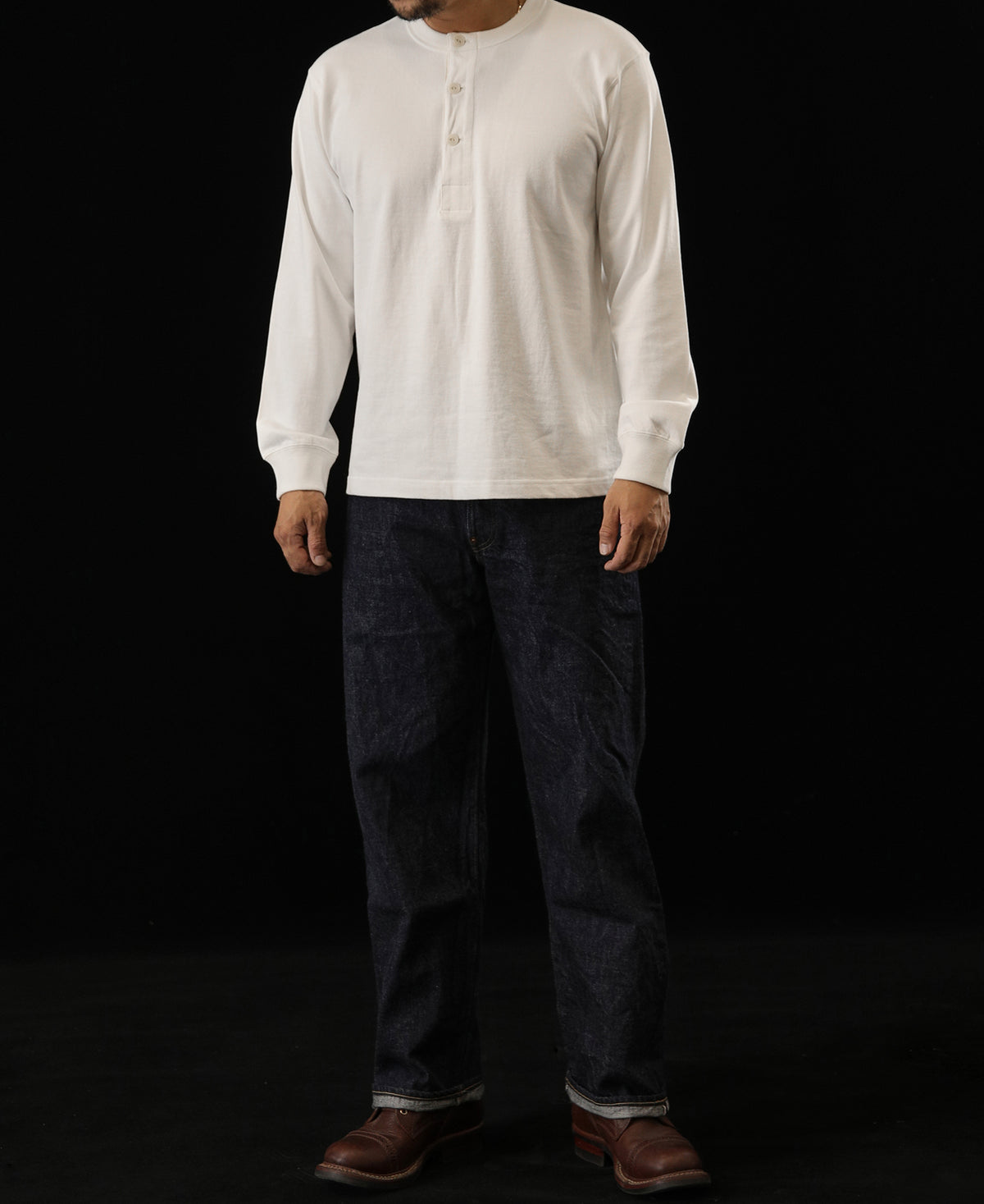1930s 10.5 oz Cotton Loopwheel Tubular Henley Shirt - White