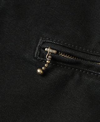 Black jacket pocket zipper detail with gold-toned pull and rivet