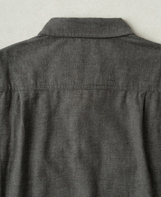 Close-up of dark gray shirt back with yoke seam and buttoned collar