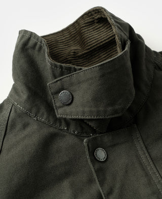 Olive canvas field jacket collar with corduroy inner and metal snap button