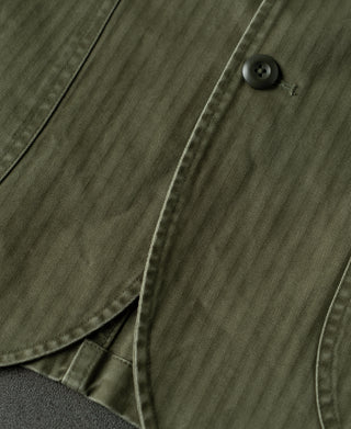 Olive blazer button placket with herringbone weave texture