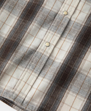 Western plaid shirt front view close-up with two-button row and vertical yoke seams.