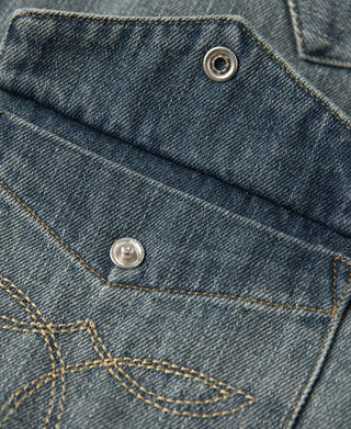 Denim western shirt pocket and waistband seam with metal buttons