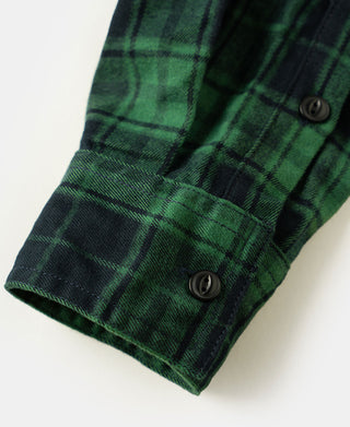 Green plaid sleeve cuff with two dark buttons and stitched band