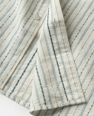 Close-up of sleeve placket, button and hem stitching on the striped shirt