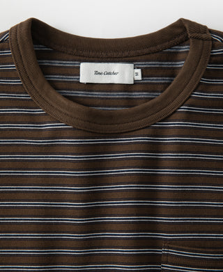 neckline detail of Heavyweight Cotton Striped Pocket T-Shirt - Coffee