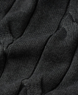 Dark gray cable-knit stitch detail with raised vertical patterns