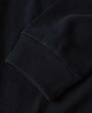 Close-up of a black sweatshirt with a pocket detail