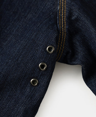 Indigo denim jacket sleeve hem with snap buttons