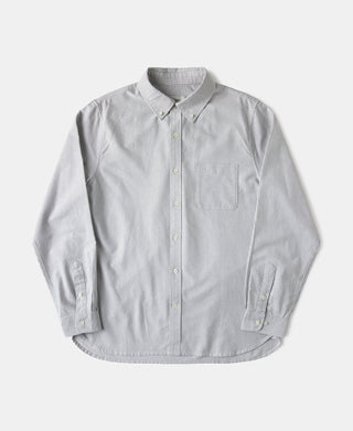 Button-down oxford shirt with light blue and white stripes, full front view