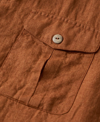 pocket detail of Yarn-dyed Linen Camp-Collar Shirt - Red